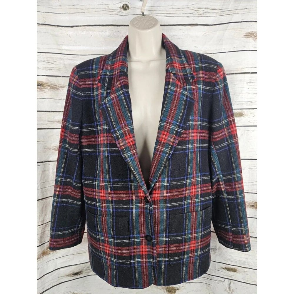 Vtg Talbots Tartan Plaid Wool Blend Blazer PM Womens Jacket Academia Preppy